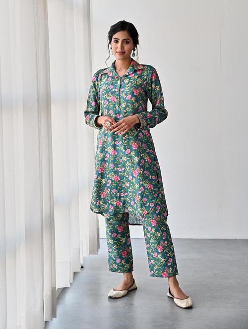 teal colored kurta pant set - 20225840 - Standard Image - 0