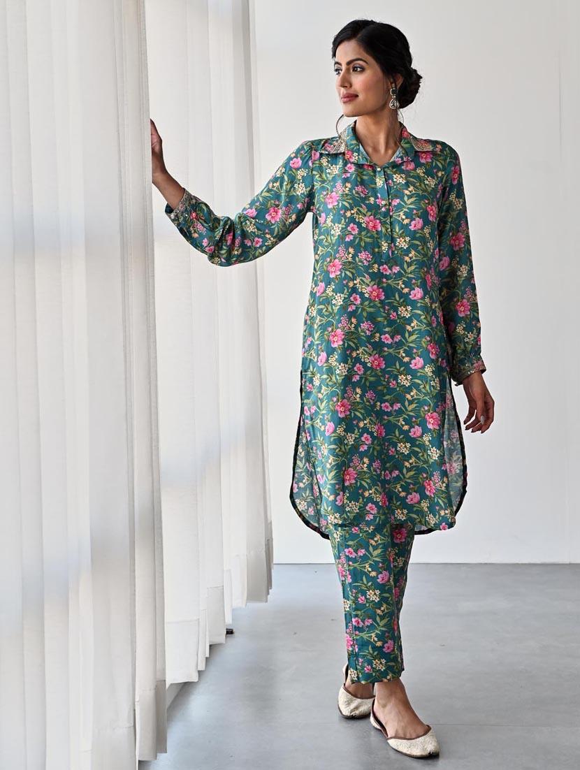 teal colored kurta pant set - 20225840 - Standard Image - 3