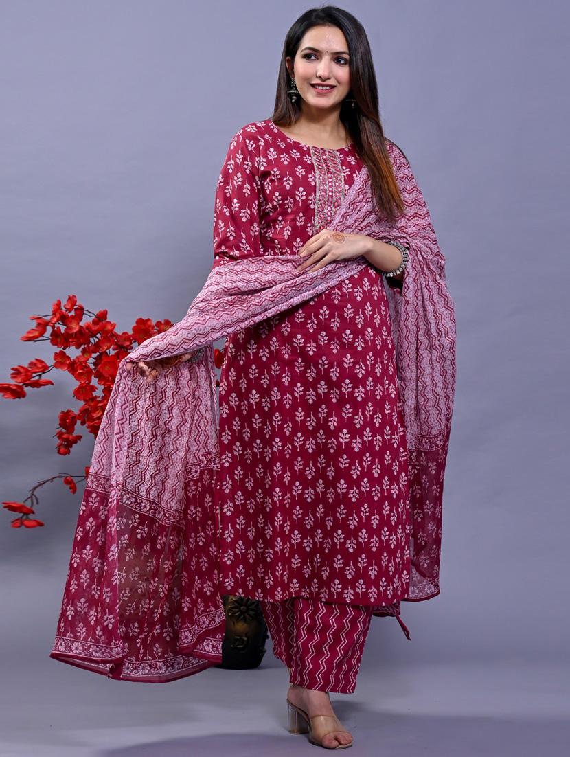 red colored kurta pant set - 20225857 -  Zoom Image - 0