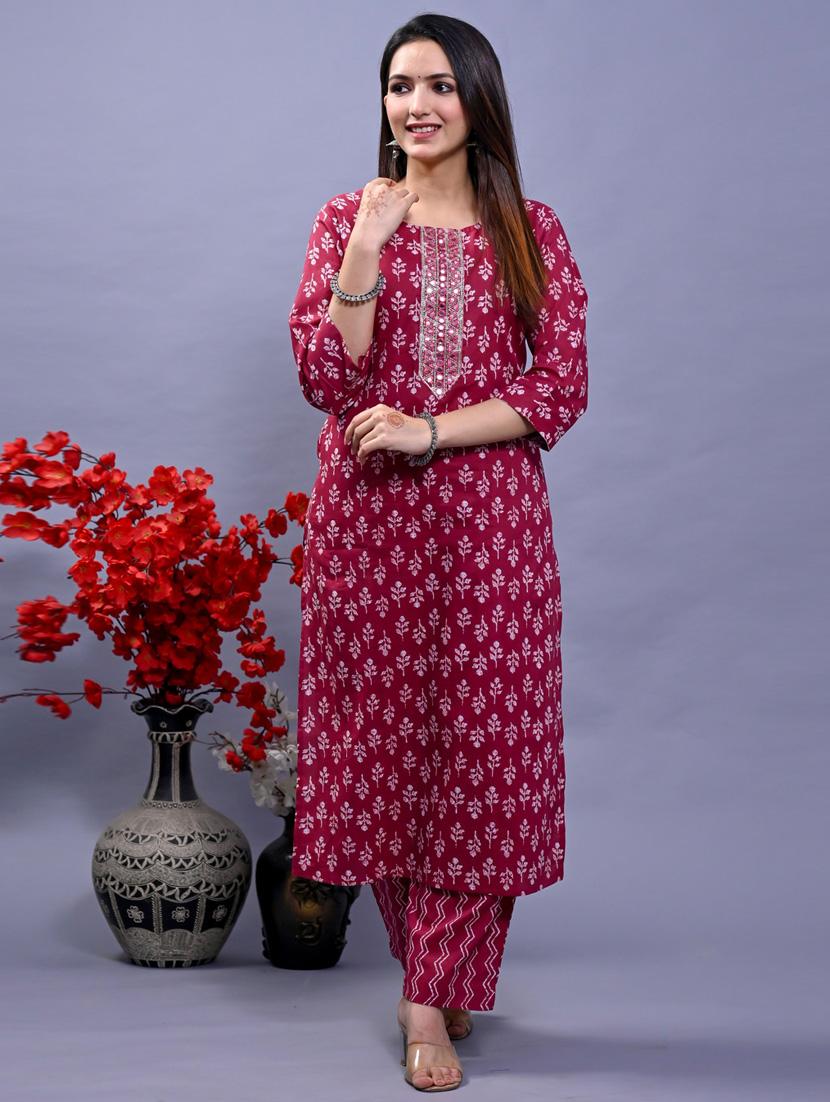 red colored kurta pant set - 20225857 - Standard Image - 3
