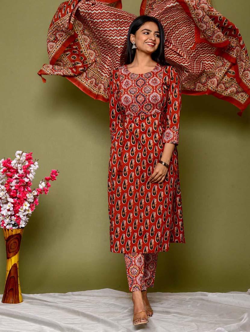 red colored kurta dupatta set - 20225873 - Standard Image - 3