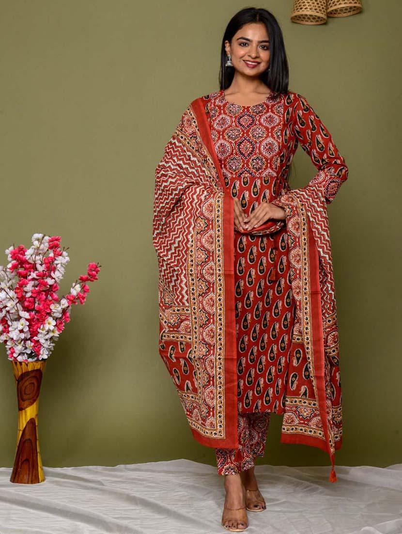 red colored kurta dupatta set - 20225873 - Standard Image - 5