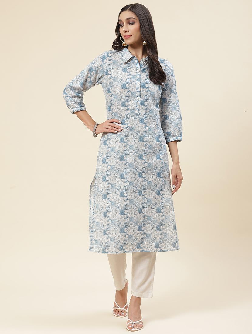 blue linen straight kurta - 20225912 - Zoom Image - 0