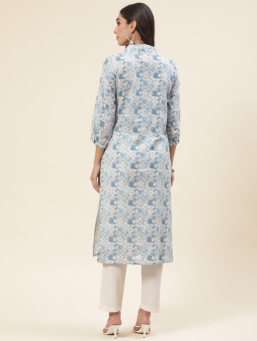 blue linen straight kurta - 20225912 - Standard Image - 3