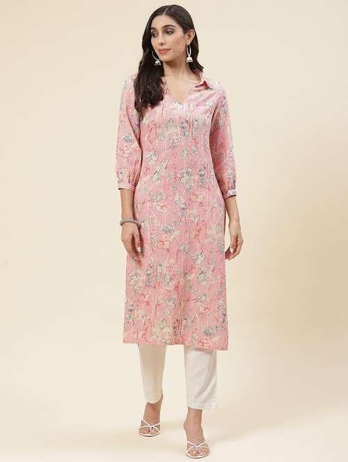 pink linen straight kurta - 20225916 - Standard Image - 0
