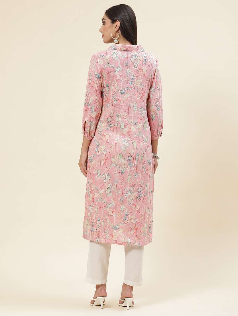 pink linen straight kurta - 20225916 - Standard Image - 3