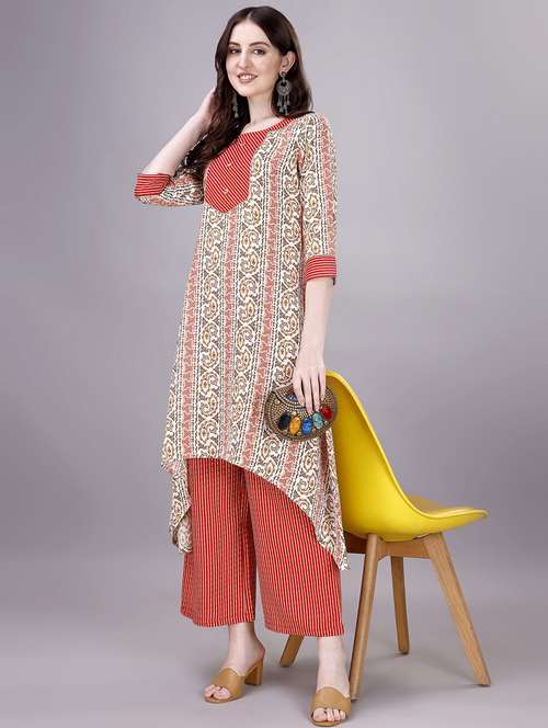women white round neck kurta palazzo set - 20239146 - Standard Image - 0