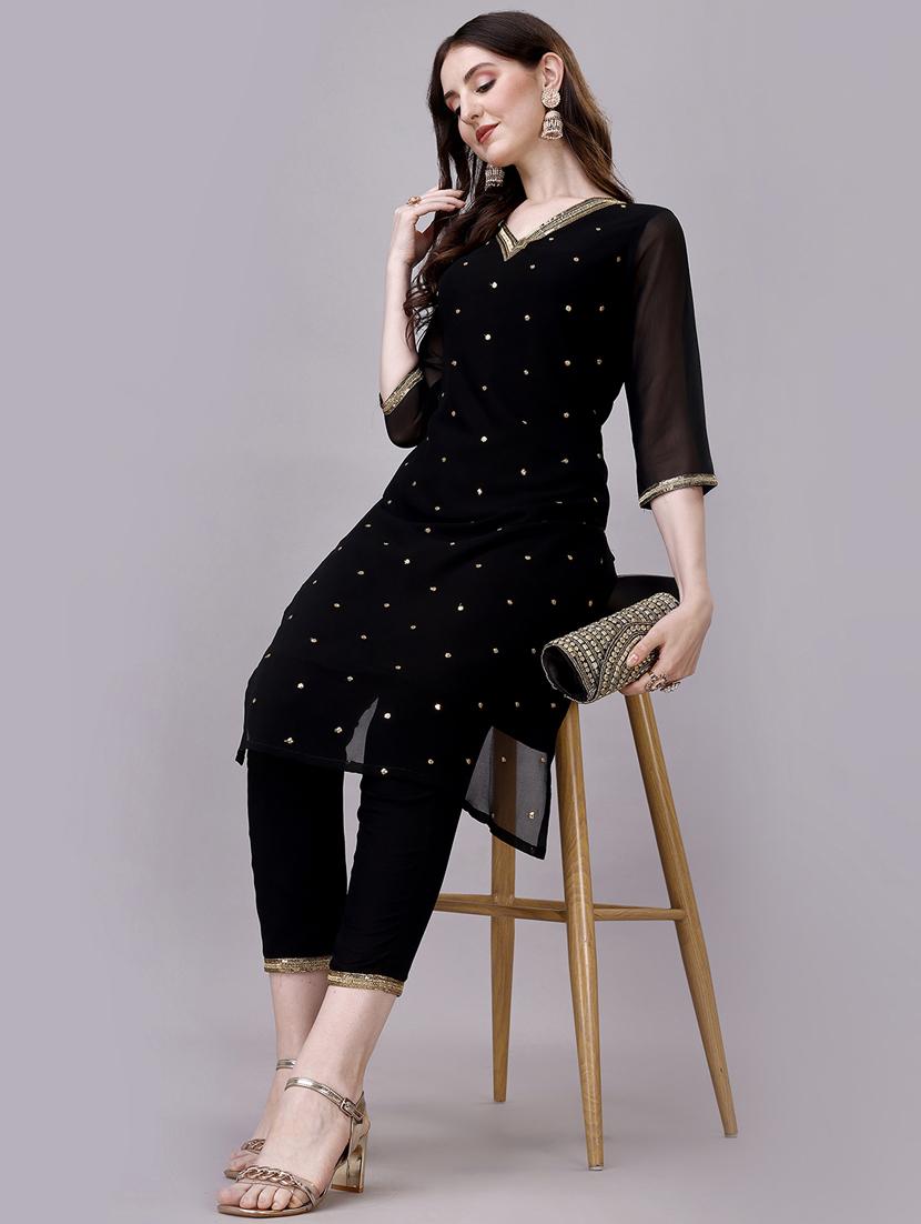 women black v-neck kurta pant set - 20239148 - Standard Image - 3