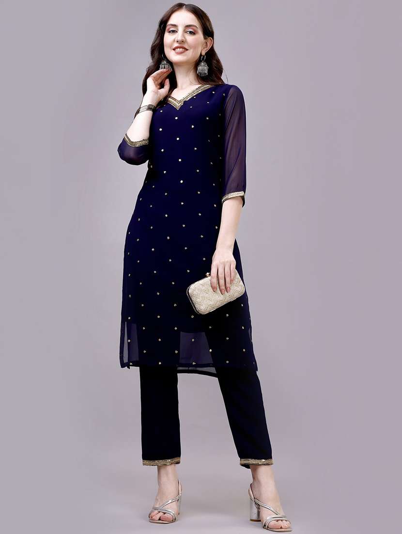women blue v-neck kurta pant set