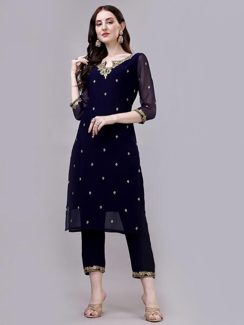 women blue embroidered kurta pant set - 20239155 - Standard Image - 0