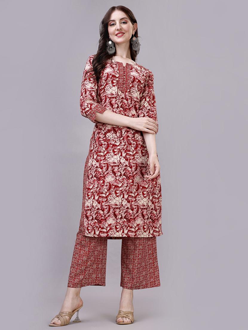 women red notch neck kurta palazzo set - 20239161 -  Zoom Image - 0