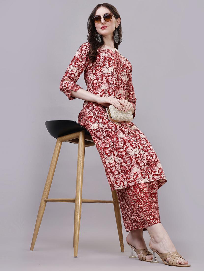 women red notch neck kurta palazzo set - 20239161 - Standard Image - 3