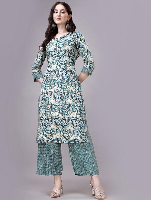blue cotton blend kurta palazzo set - 20239162 - Standard Image - 0