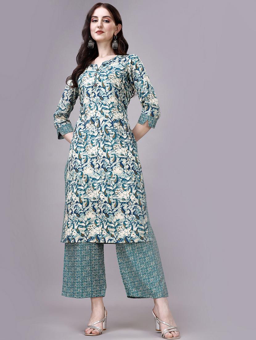blue cotton blend kurta palazzo set - 20239162 - Zoom Image - 0