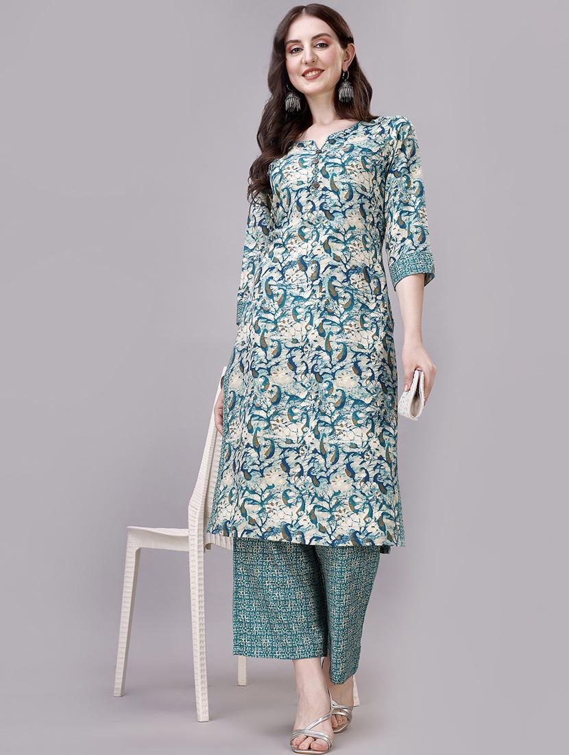 blue cotton blend kurta palazzo set - 20239162 - Standard Image - 3
