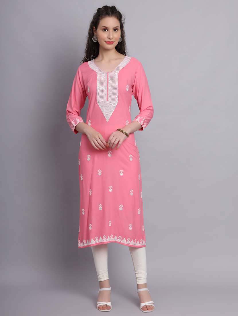 women pink chikankari work straight kurta - 20239512 - Zoom Image - 0