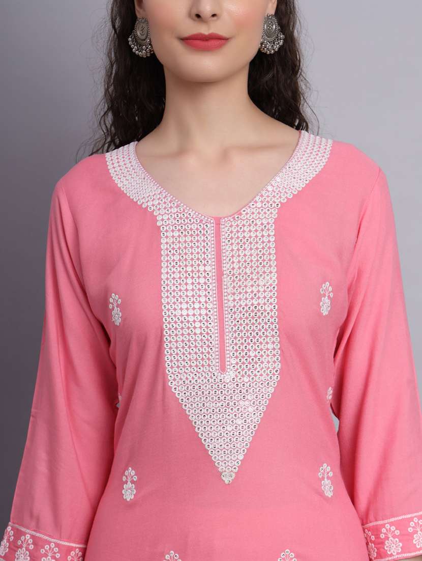 women pink chikankari work straight kurta - 20239512 - Standard Image - 5
