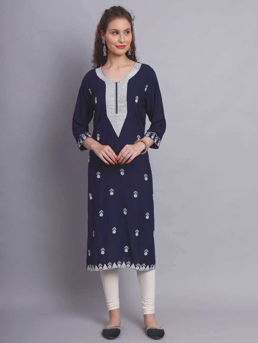 women navy blue chikankari work straight kurta - 20239513 - Zoom Image - 0