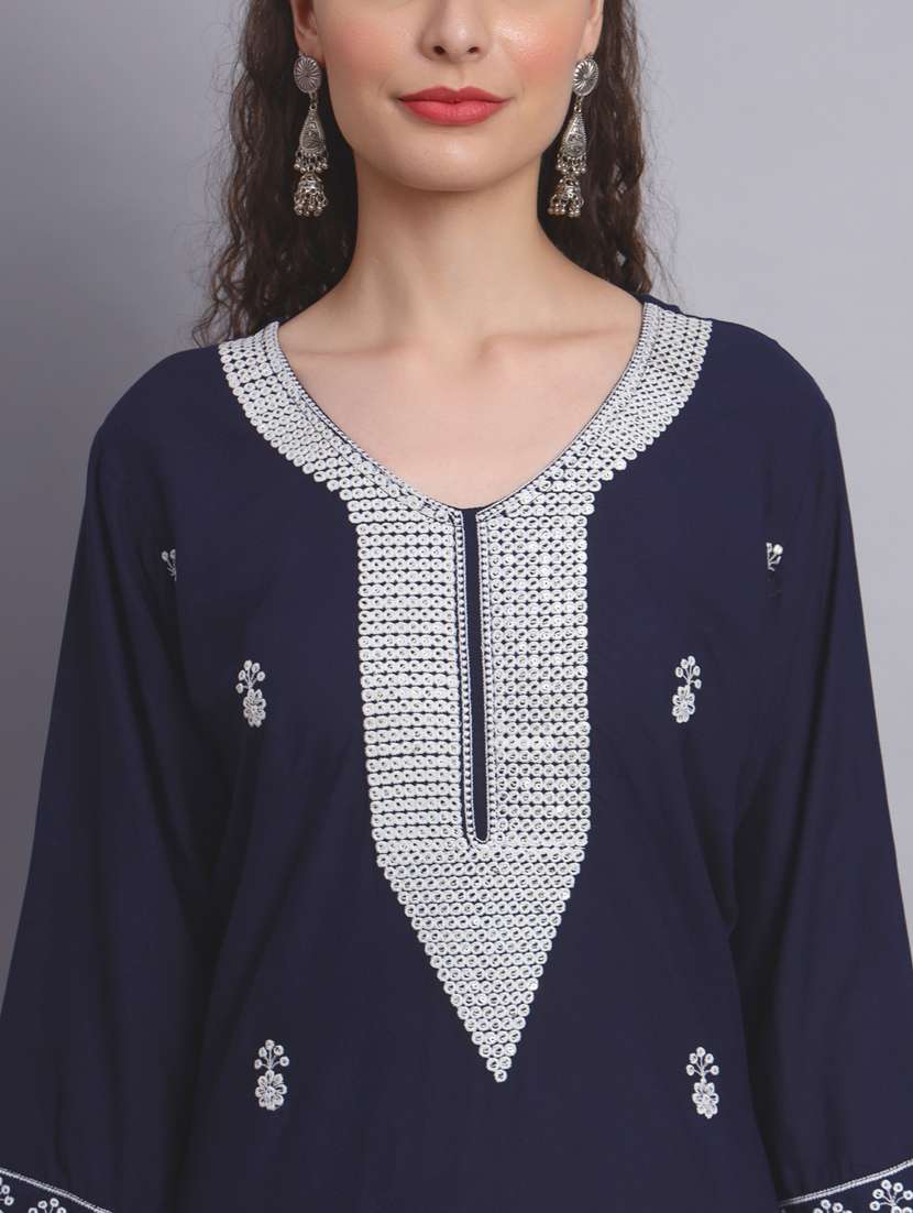 women navy blue chikankari work straight kurta - 20239513 - Standard Image - 5