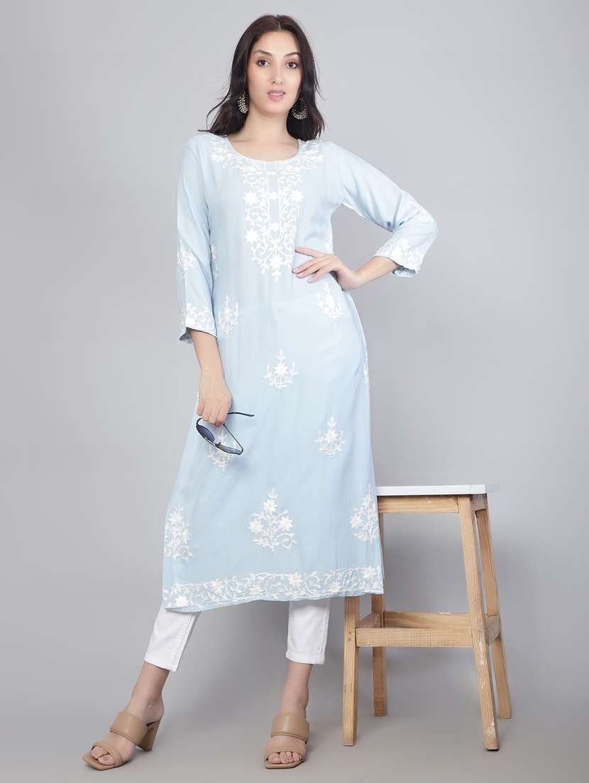 women light blue chikankari work straight kurta - 20239518 -  Standard Image - 3