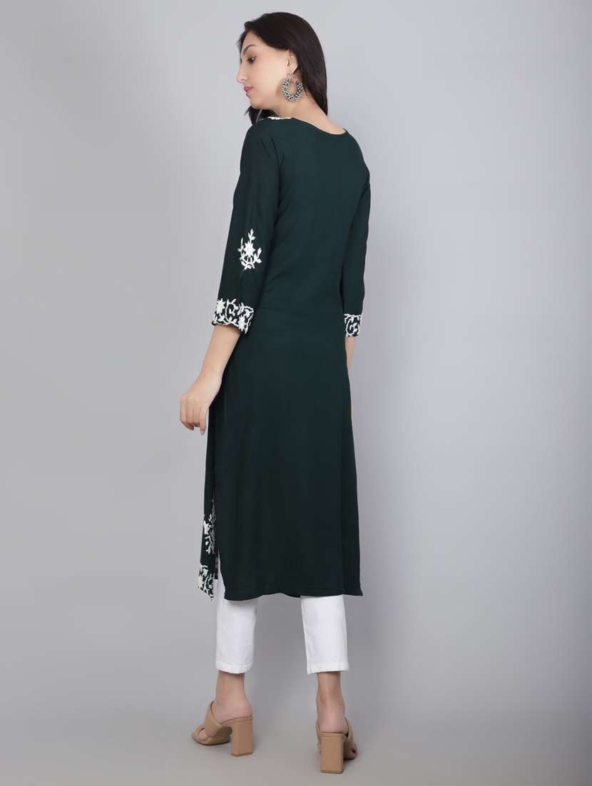 women bottle green chikankari work straight kurta - 20239521 -  Standard Image - 3