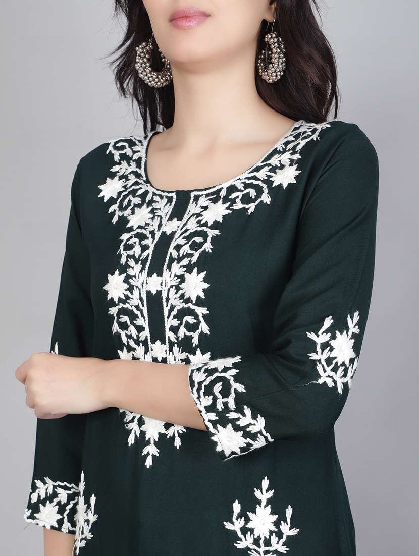 women bottle green chikankari work straight kurta - 20239521 -  Standard Image - 5
