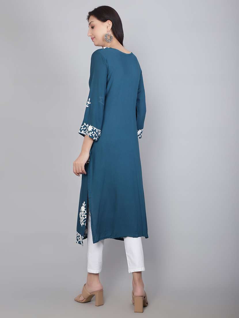 women blue chikankari work straight kurta - 20239522 -  Standard Image - 3