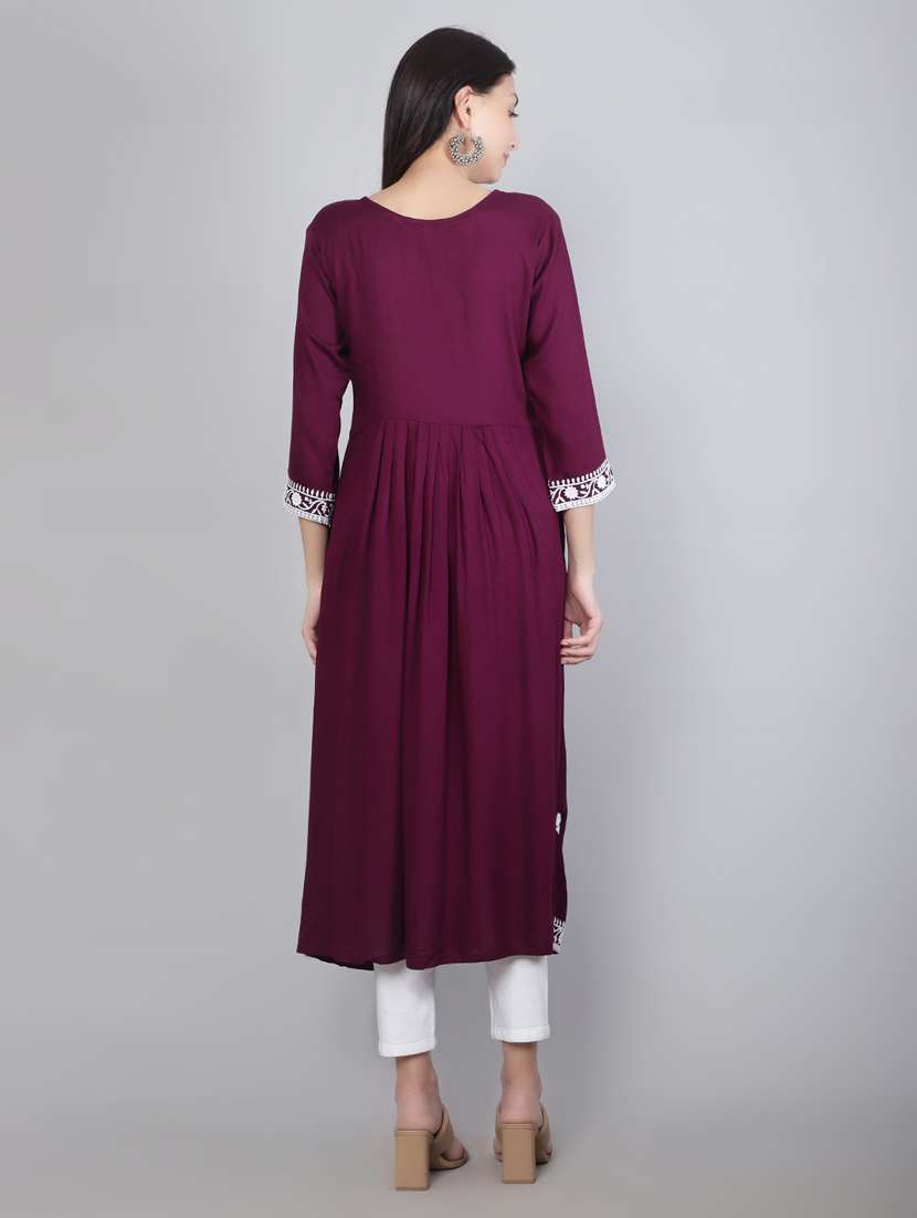 women purple chikankari work flared kurta - 20239523 -  Standard Image - 3