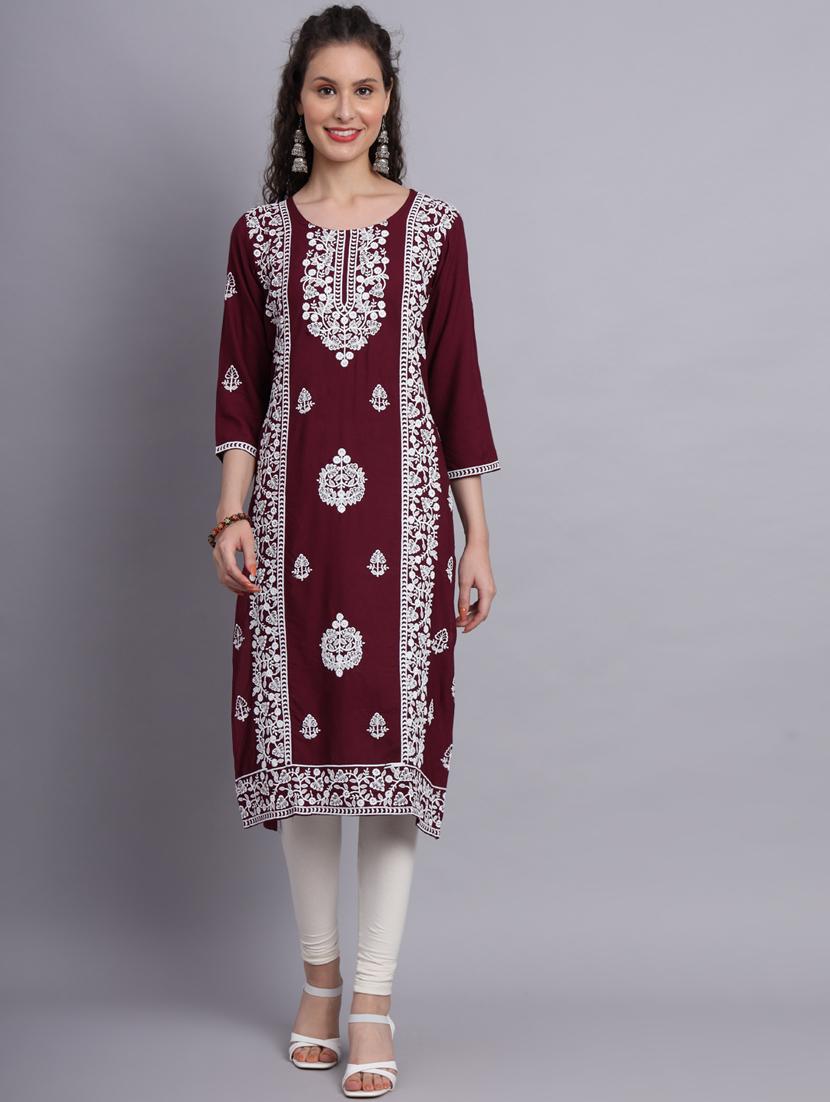 women purple chikankari work straight kurta - 20239529 - Zoom Image - 0