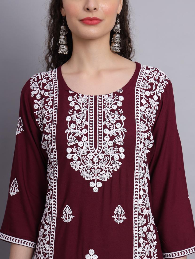 women purple chikankari work straight kurta - 20239529 - Standard Image - 5