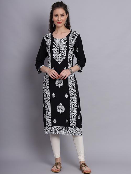 women navy blue chikankari work straight kurta - 20239534 - Standard Image - 0