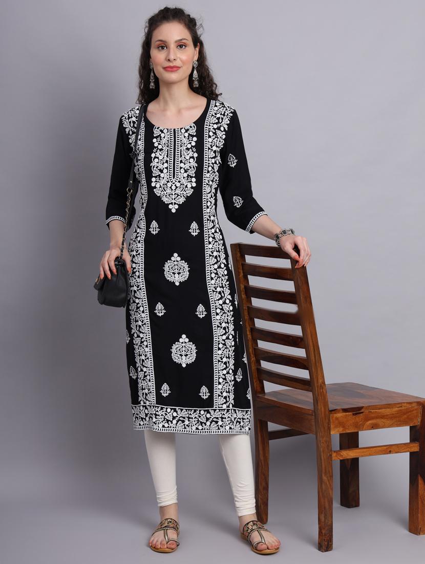 women navy blue chikankari work straight kurta - 20239534 - Standard Image - 3