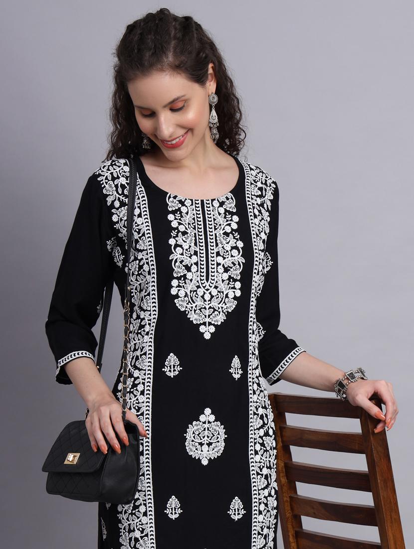 women navy blue chikankari work straight kurta - 20239534 - Standard Image - 5