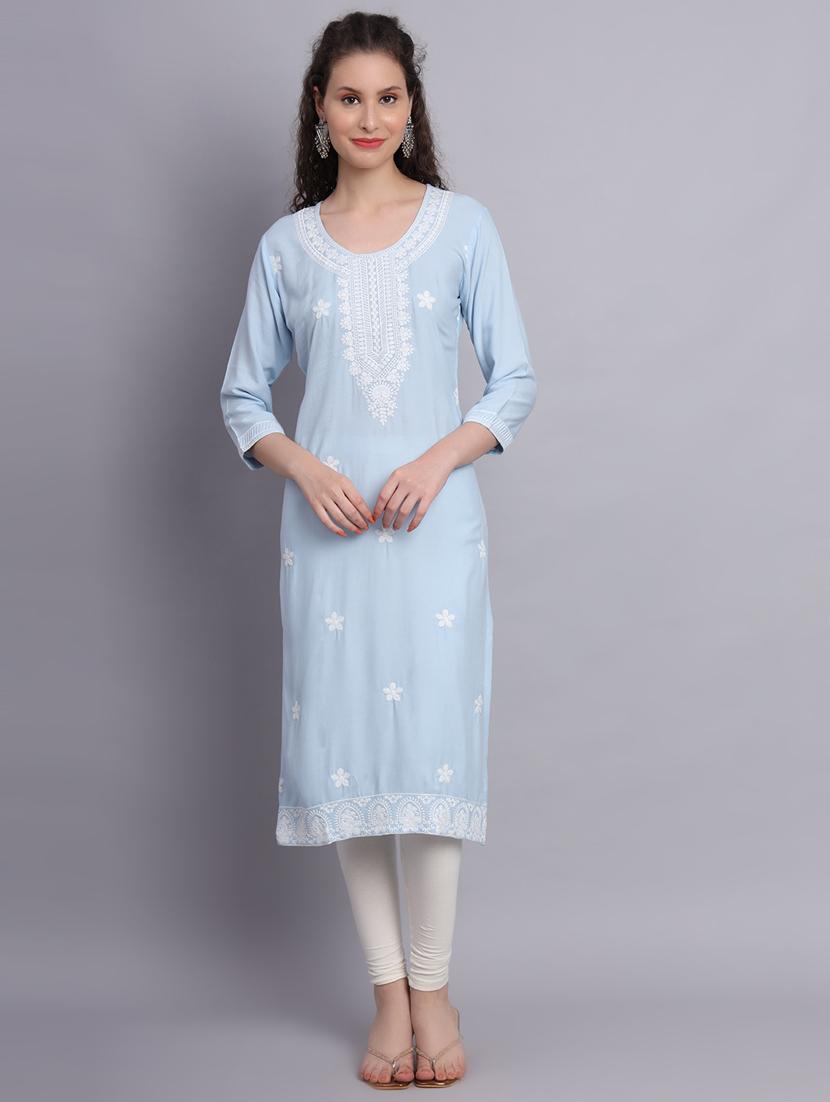 women light blue chikankari work straight kurta - 20239541 - Zoom Image - 0