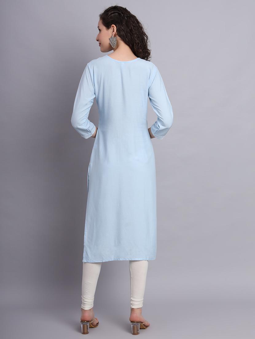 women light blue chikankari work straight kurta - 20239541 - Standard Image - 3