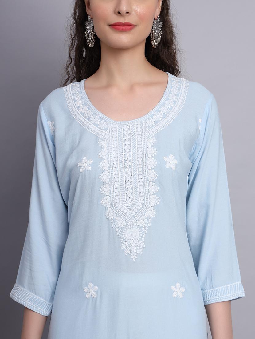 women light blue chikankari work straight kurta - 20239541 - Standard Image - 5