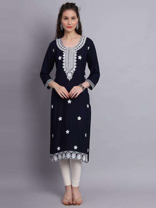 women navy blue chikankari work straight kurta - 20239546 -  Standard Image - 0