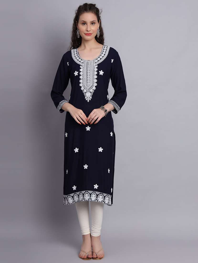 women navy blue chikankari work straight kurta - 20239546 -  Zoom Image - 0