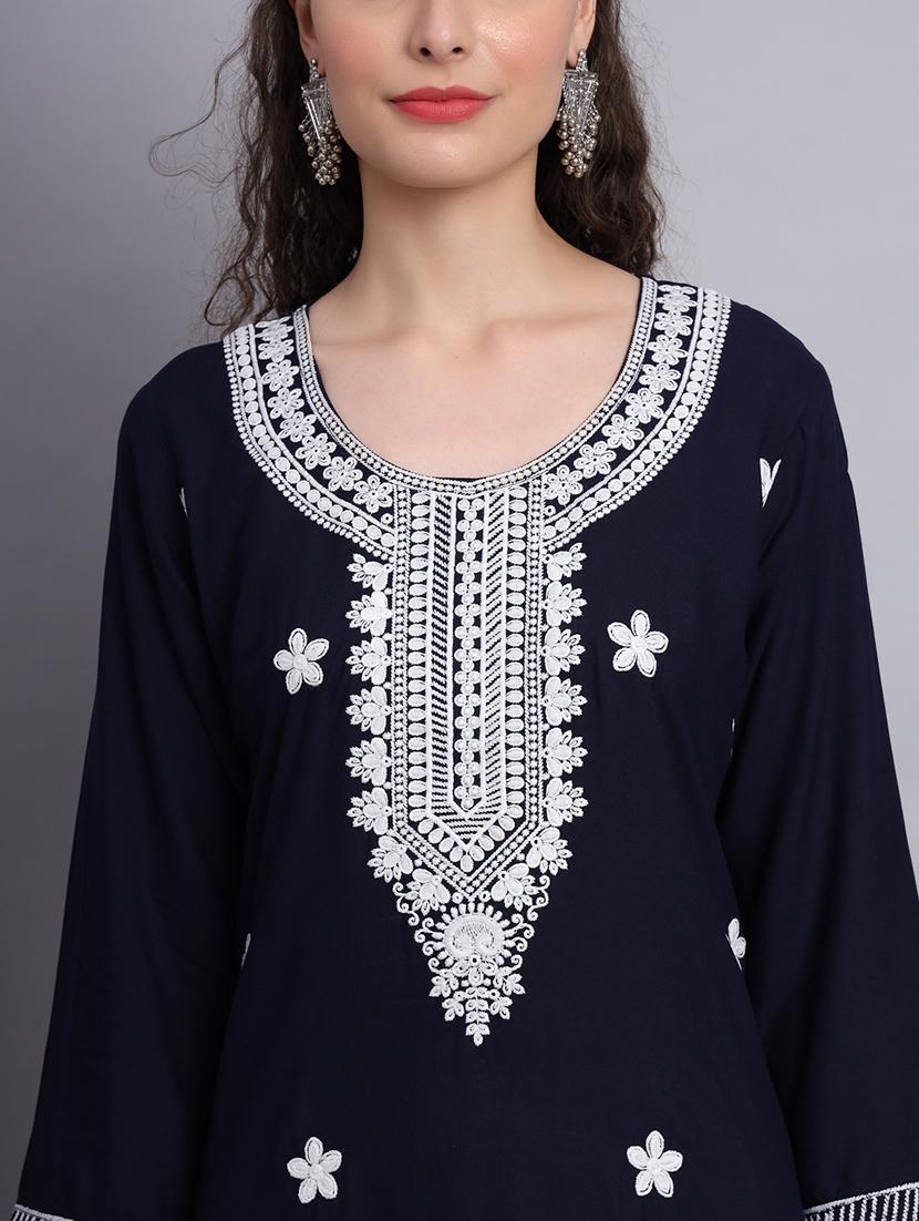 women navy blue chikankari work straight kurta - 20239546 - Standard Image - 5