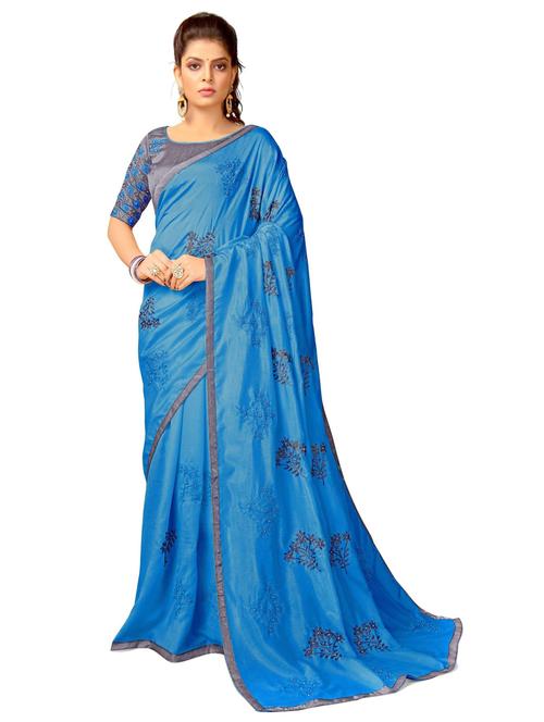 blue colored embroidered saree with blouse - 20240420 - Standard Image - 0