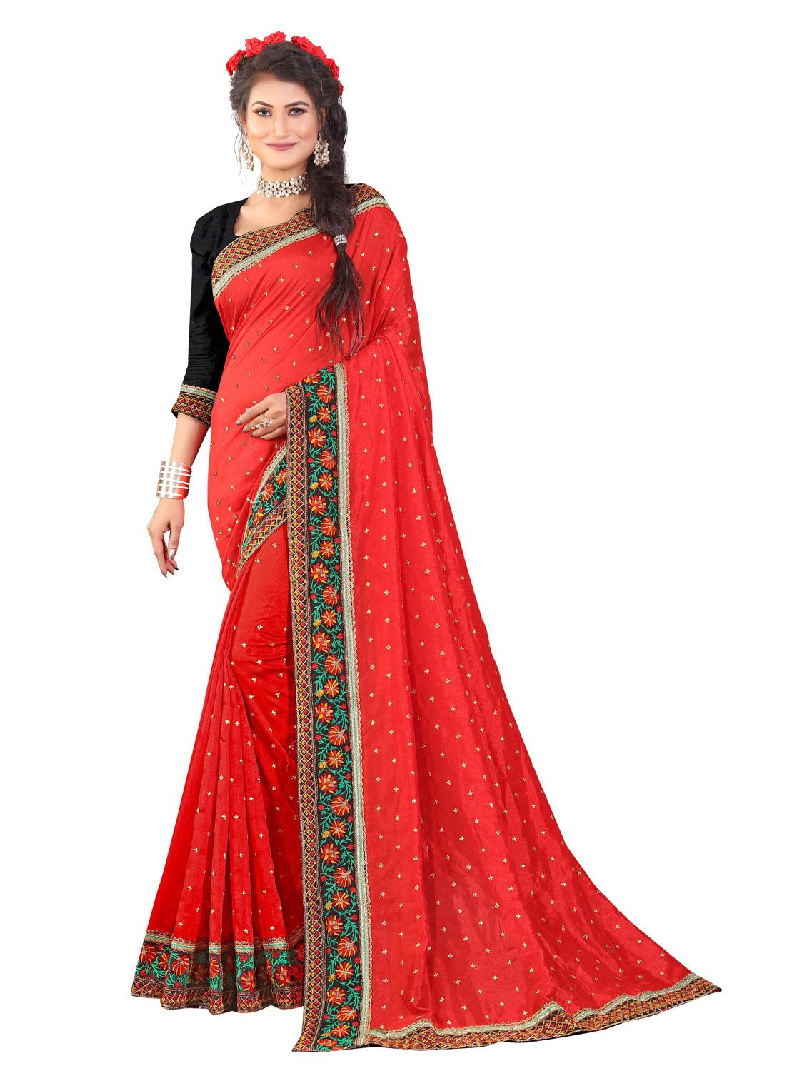 red solid bordered saree with blouse - 20240434 -  Zoom Image - 0