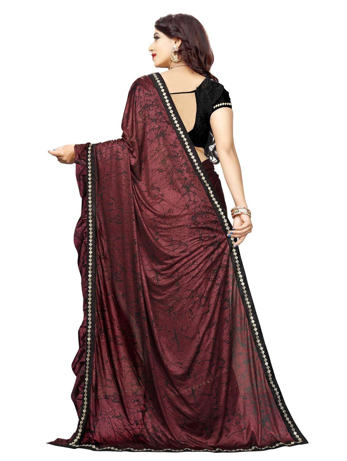 burgundy colored ruffle  saree with blouse - 20240530 -  Standard Image - 3