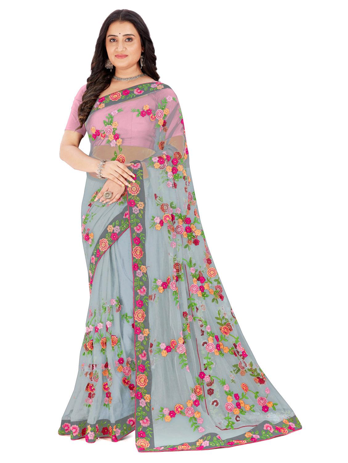 grey colored embroidered saree with blouse - 20240549 - Zoom Image - 0