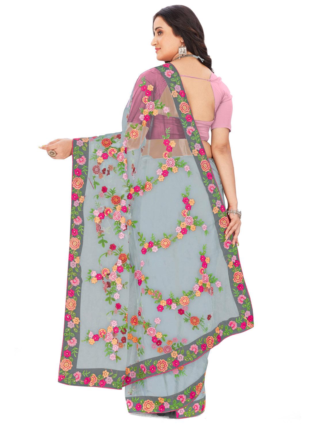 grey colored embroidered saree with blouse - 20240549 - Standard Image - 3