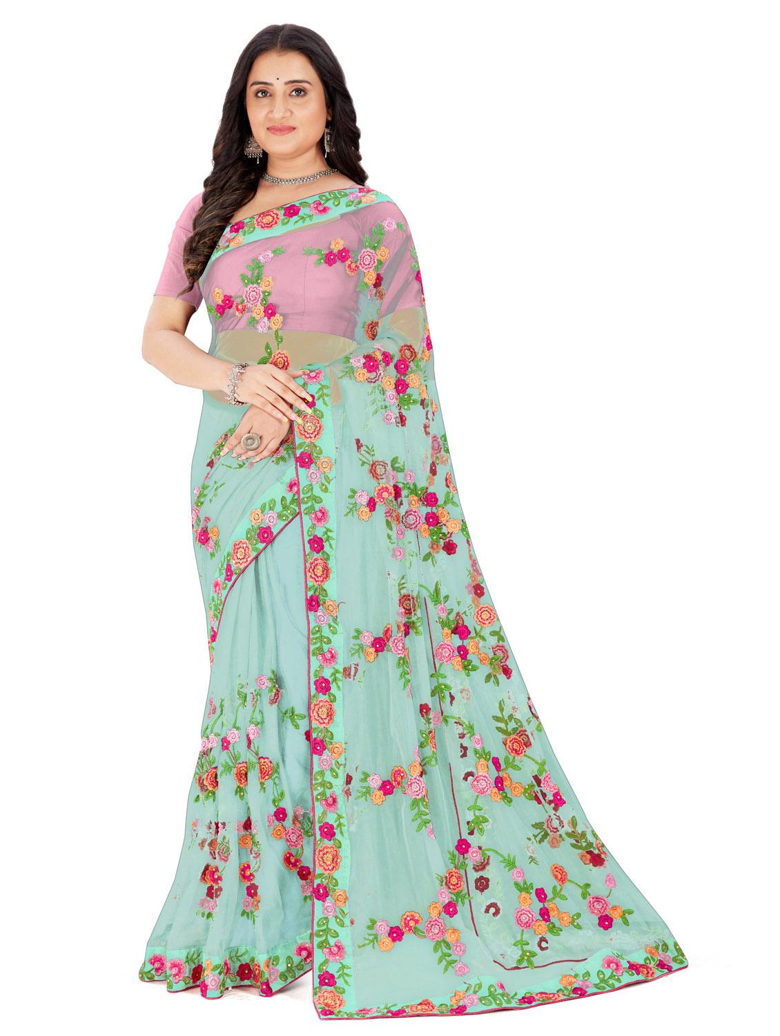 light blue floral embroidered saree with blouse - 20240550 - Zoom Image - 0