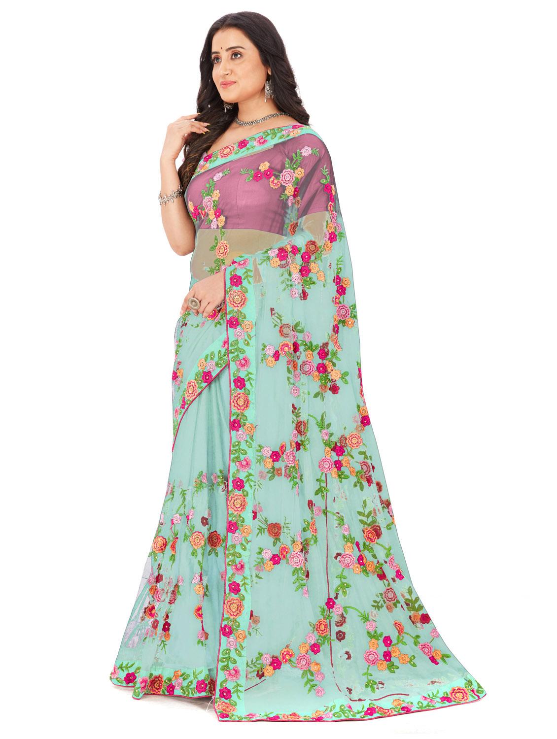 light blue floral embroidered saree with blouse - 20240550 - Standard Image - 3