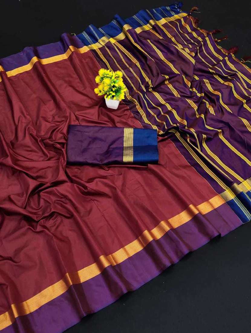 solid bordered saree with blouse - 20240557 -  Standard Image - 5