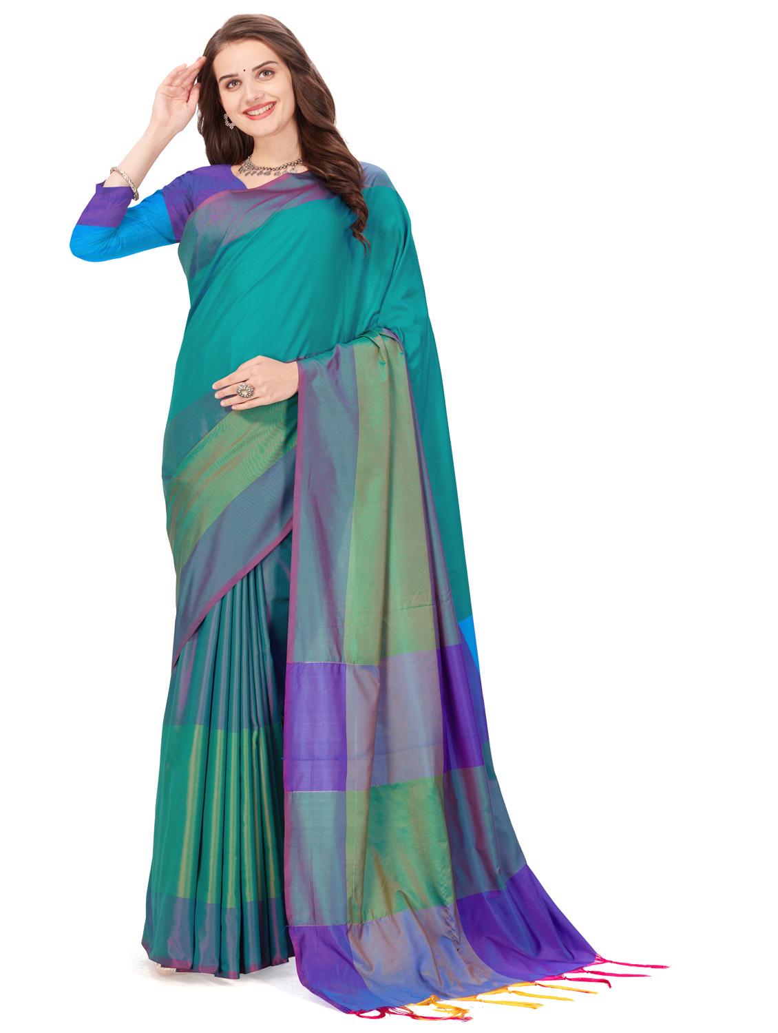 green stripes cotton silk saree with blouse - 20240563 -  Zoom Image - 0
