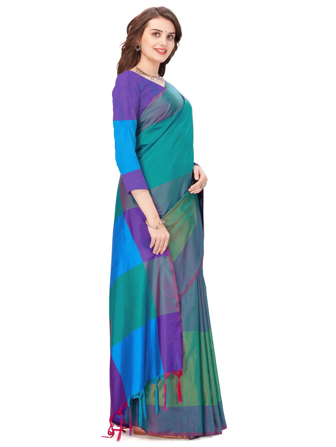 green stripes cotton silk saree with blouse - 20240563 - Standard Image - 3
