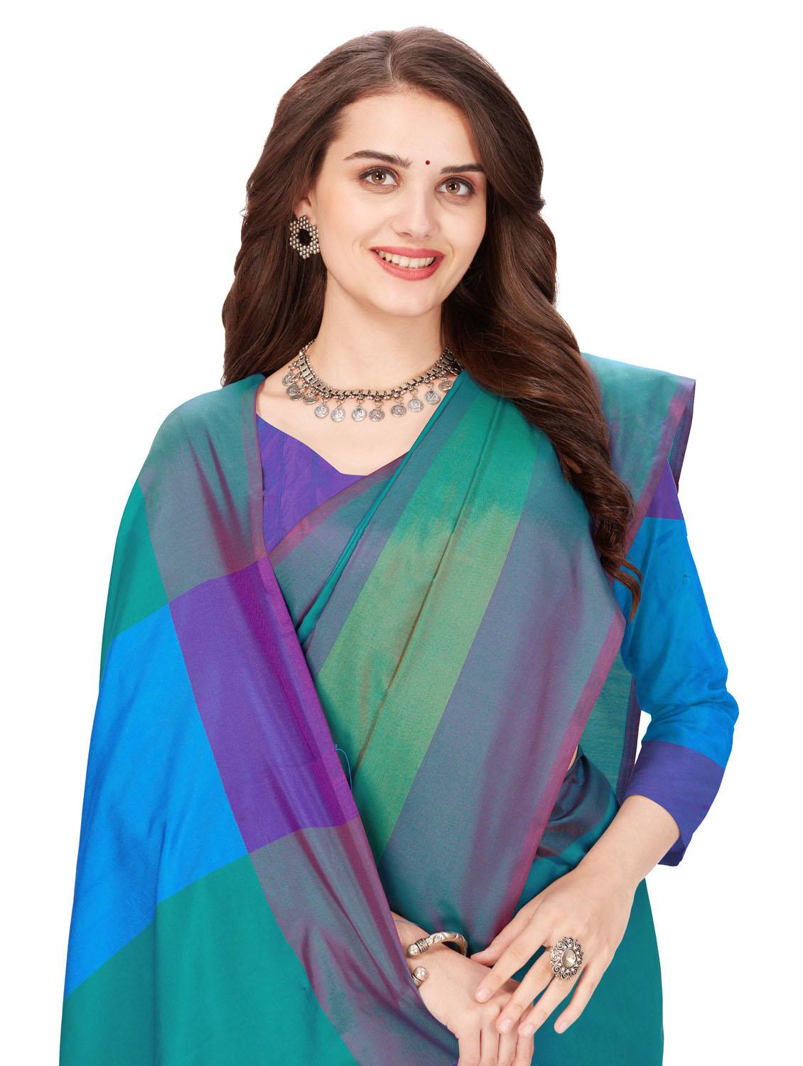 green stripes cotton silk saree with blouse - 20240563 - Standard Image - 5